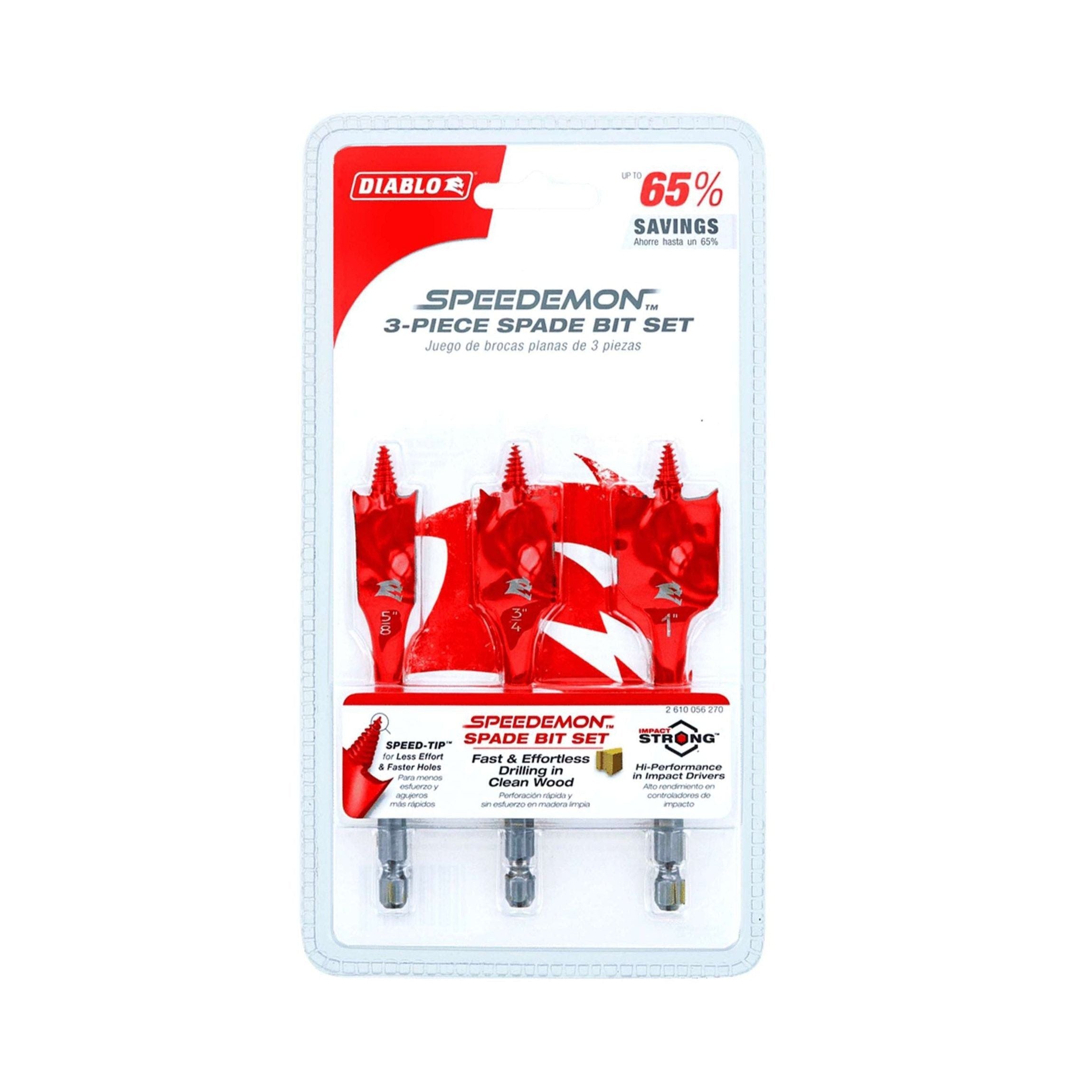 The DIABLO DSP1910-S3 3-Piece Spade Bit Set for Wood by Diablo features three red, Impact Strong spade bits with a SPEED-TIP design, engineered for fast, clean drilling and promising 65% efficiency savings.